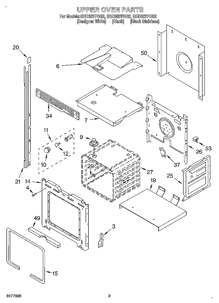 UPPER OVEN Diagram and Parts List for GBD307PDB2  Whirlpool Wall Oven