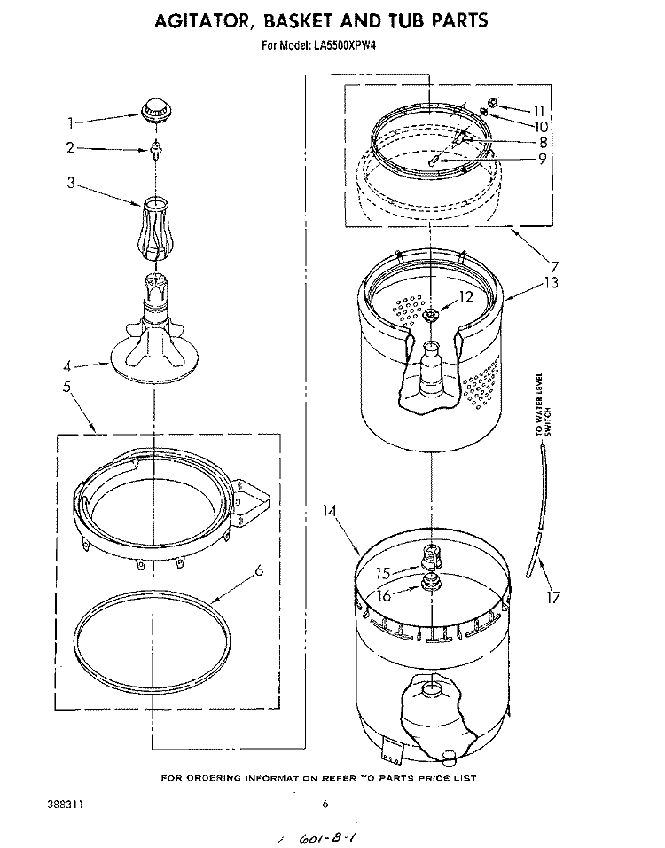 AGITATOR, BASKET AND TUB Diagram and Parts List for LA5500XPW4  Whirlpool Washer