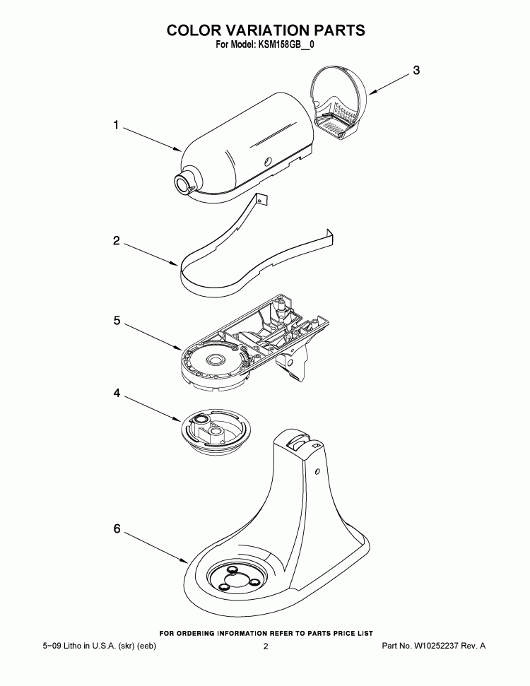 COLOR VARIATION PARTS Diagram and Parts List for KSM158GBCA0  KitchenAid Mixer