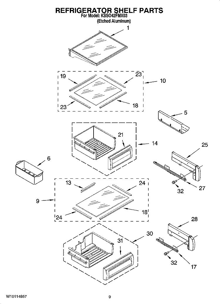 REFRIGERATOR SHELF PARTS Diagram and Parts List for KSSO42FMX03  KitchenAid Refrigerator