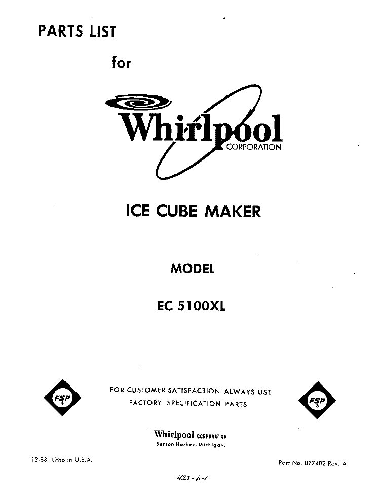 FRONT COVER Diagram and Parts List for EC5100XL  Whirlpool Ice Maker