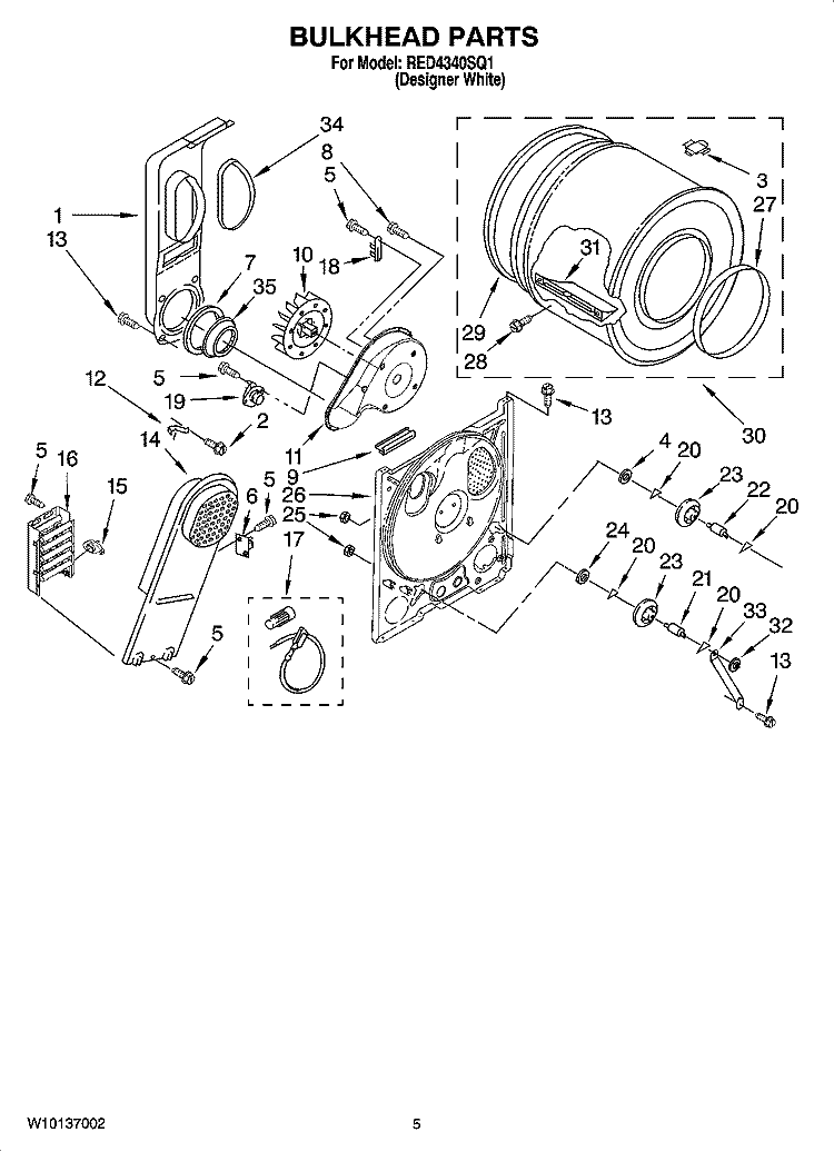 BULKHEAD PARTS, OPTIONAL PARTS (NOT INCLUDED) Diagram and Parts List for RED4340SQ1  Roper Dryer