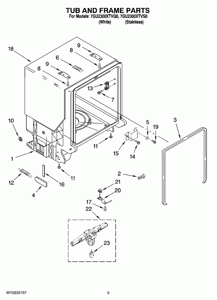 TUB AND FRAME PARTS Diagram and Parts List for 7GU2300XTVQ0  Whirlpool Dishwasher