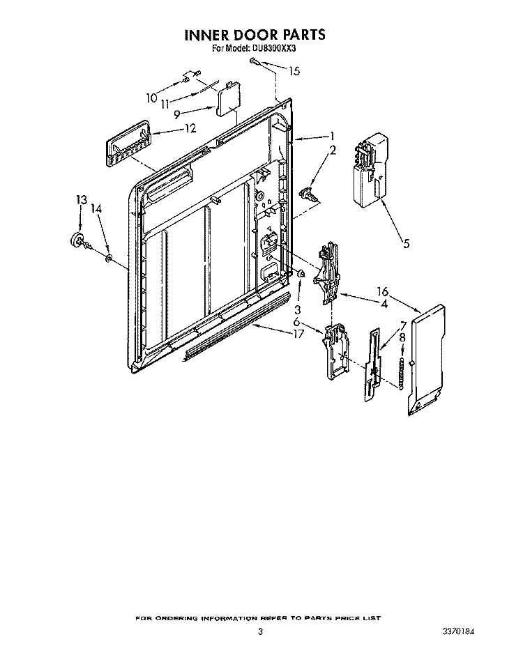 INNER DOOR Diagram and Parts List for DU8300XX3  Whirlpool Dishwasher