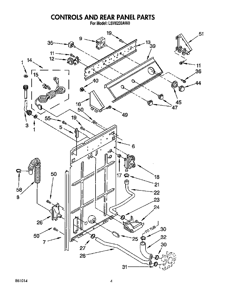 CONTROL AND REAR PANEL Diagram and Parts List for LSV6233AW0  Whirlpool Washer