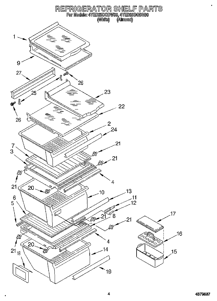 REFRIGERATOR SHELF Diagram and Parts List for 4YED25DQDN00  Whirlpool Refrigerator