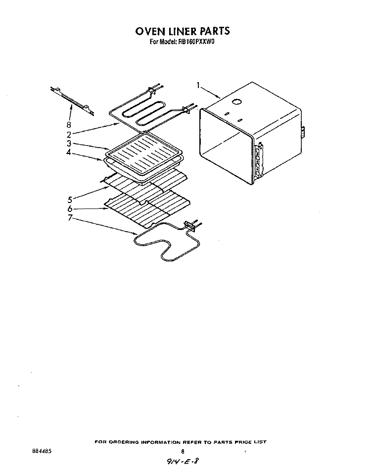 OVEN LINER Diagram and Parts List for RB160PXXW0  Whirlpool Range