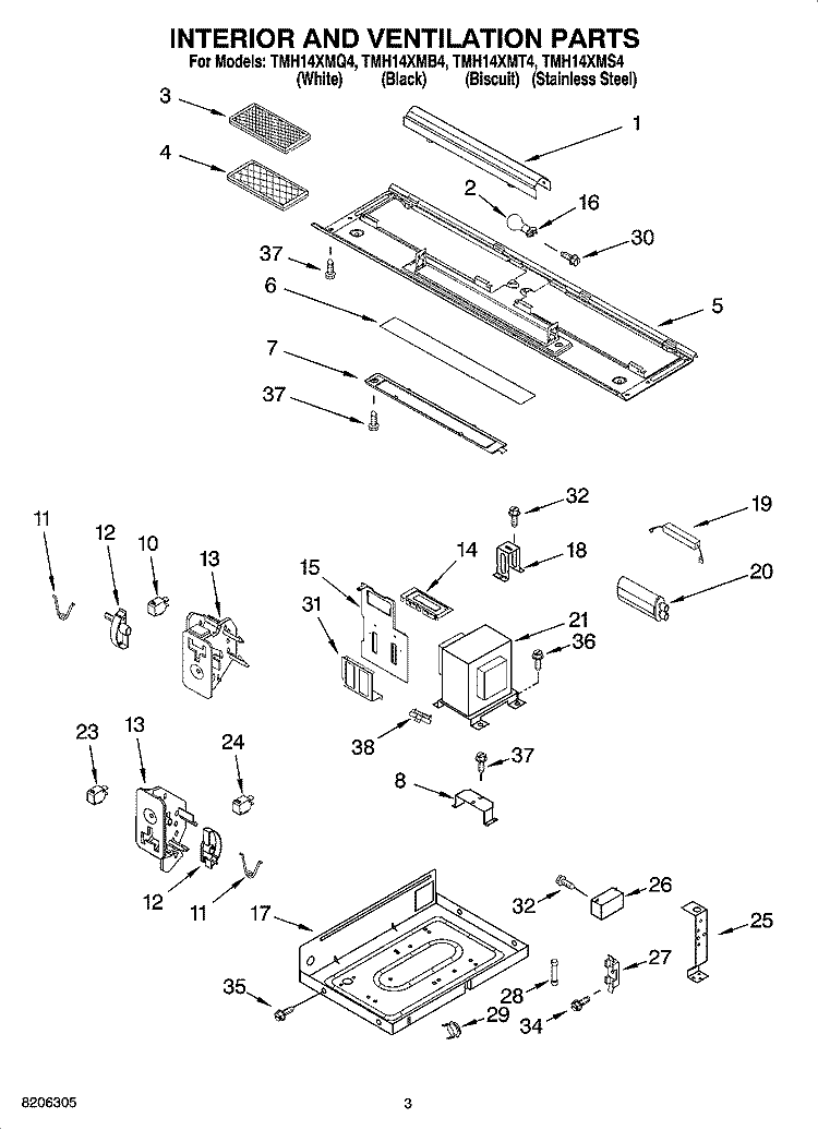 INTERIOR AND VENTILATION PARTS Diagram and Parts List for TMH14XMB4  Estate Microwave