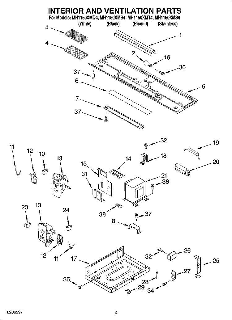INTERIOR AND VENTILATION PARTS Diagram and Parts List for MH1150XMQ4  Whirlpool Microwave