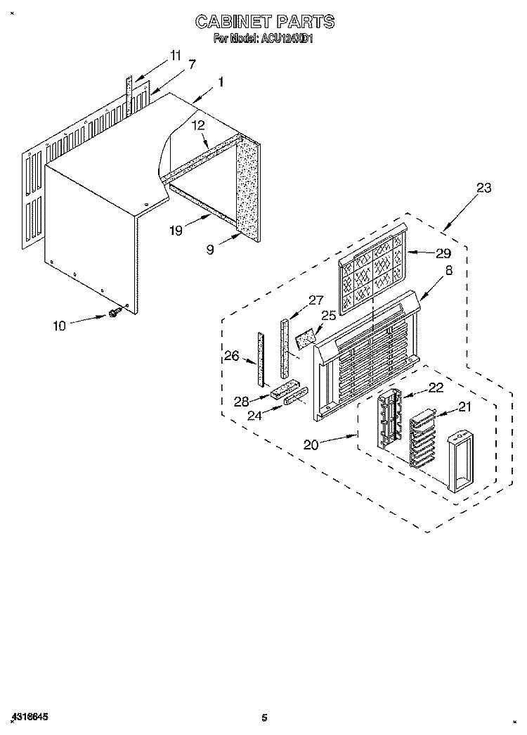 CABINET Diagram and Parts List for ACU124XD1  Whirlpool Air Conditioner