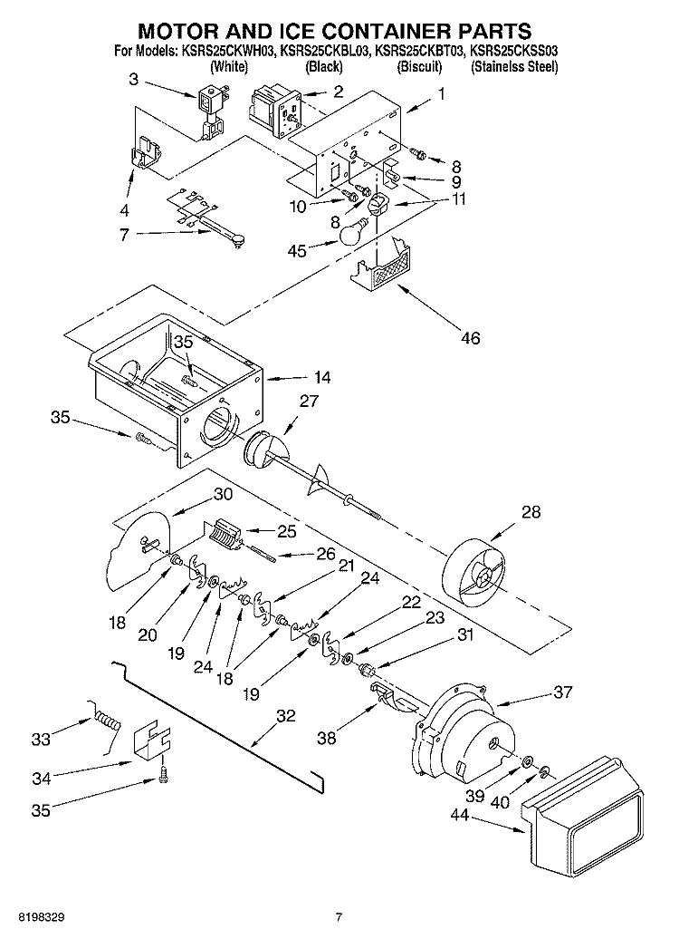 MOTOR AND ICE CONTAINER PARTS Diagram and Parts List for KSRS25CKWH03  KitchenAid Refrigerator