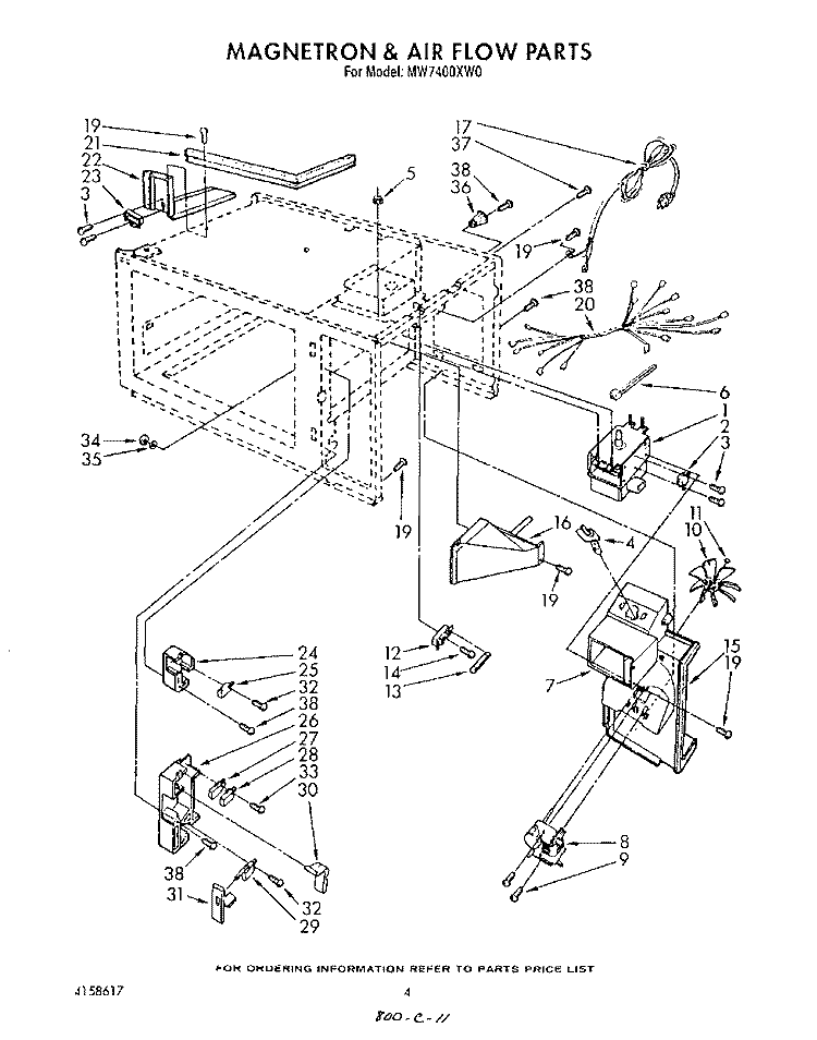 MAGNETRON AND AIR FLOW Diagram and Parts List for MW7400XW0  Whirlpool Microwave