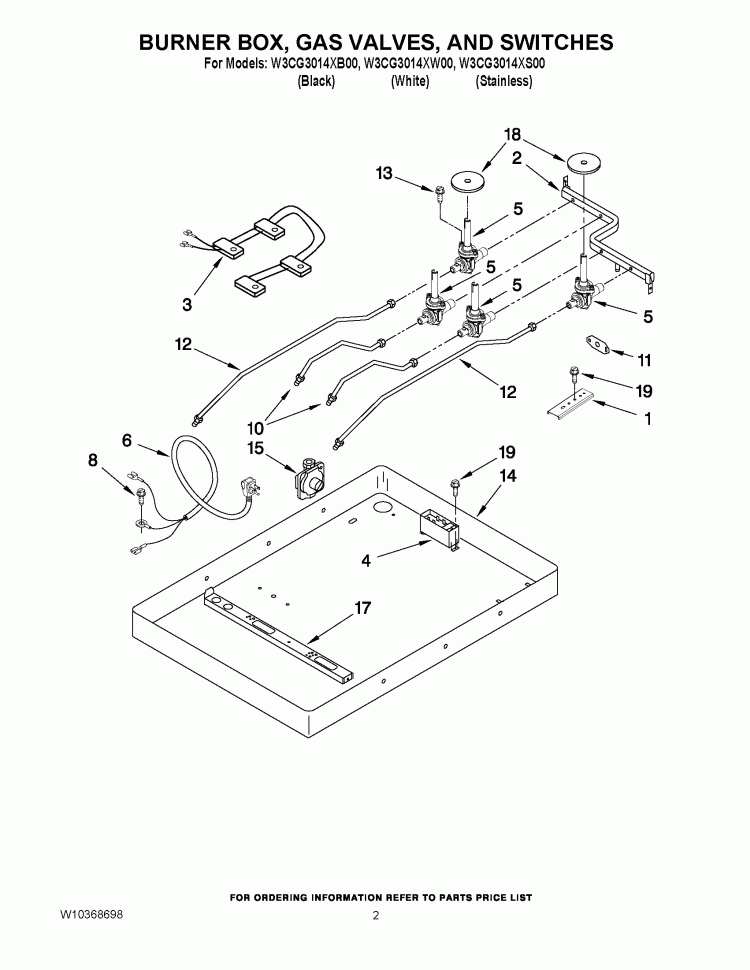 BURNER BOX, GAS VALVES, AND SWITCHES Diagram and Parts List for W3CG3014XB00  Whirlpool Cooktop