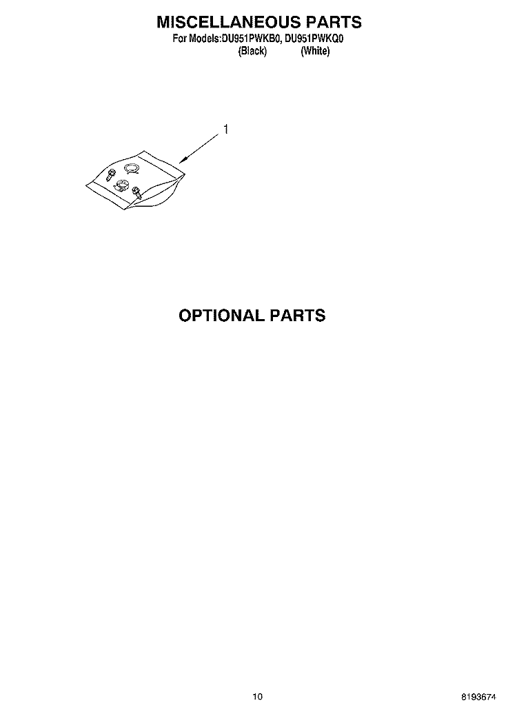 MISCELLANEOUS, OPTIONAL Diagram and Parts List for DU951PWKQ0  Whirlpool Dishwasher