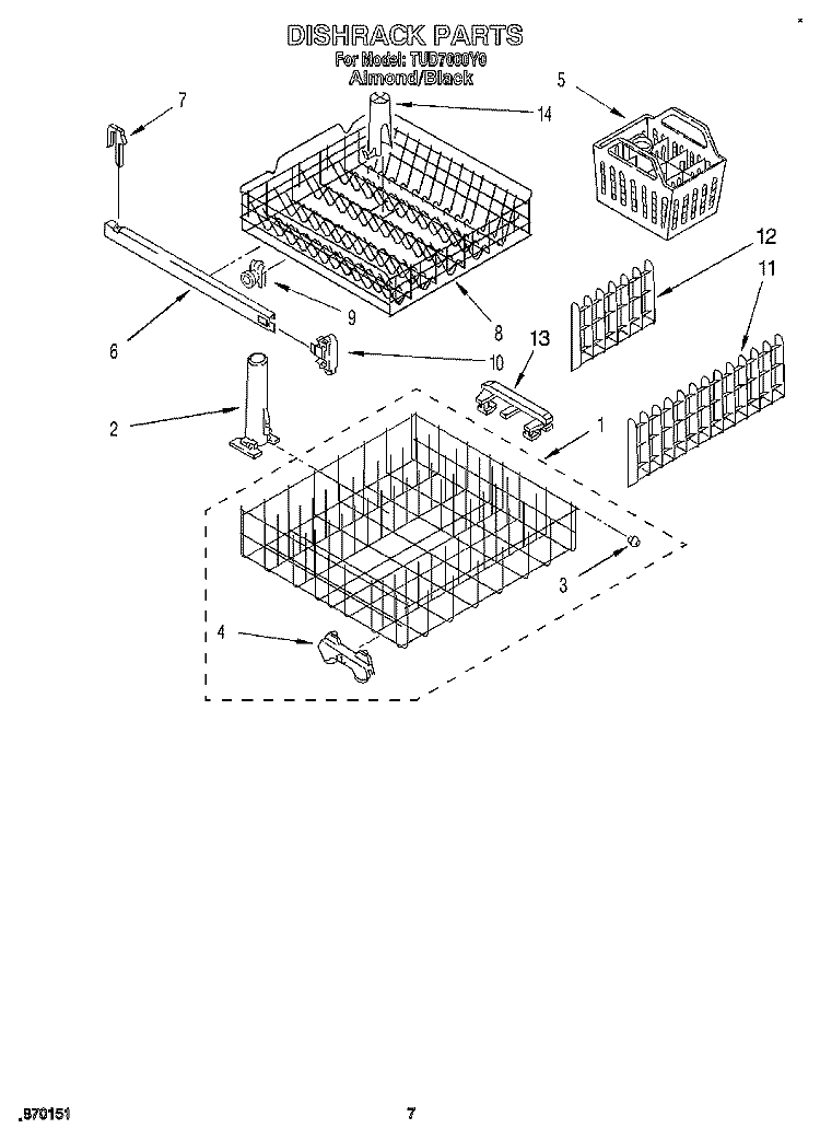 DISHRACK, LIT/OPTIONAL Diagram and Parts List for TUD7000Y0  Whirlpool Dishwasher
