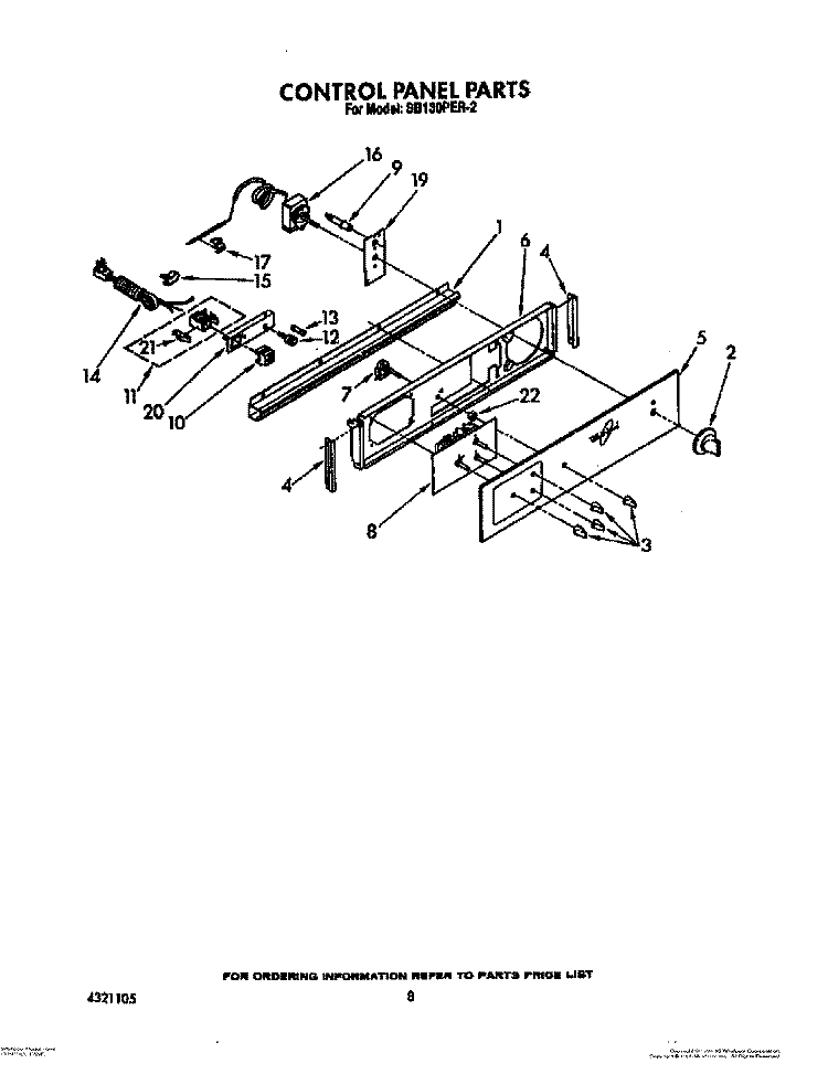 CONTROL PANEL Diagram and Parts List for SB130PER2  Whirlpool Range