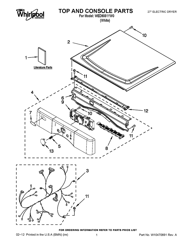 TOP AND CONSOLE PARTS Diagram and Parts List for WED9051YW0  Whirlpool Dryer
