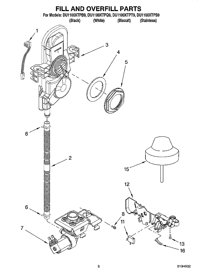 FILL AND OVERFILL PARTS Diagram and Parts List for DU1100XTPQ9  Whirlpool Dishwasher