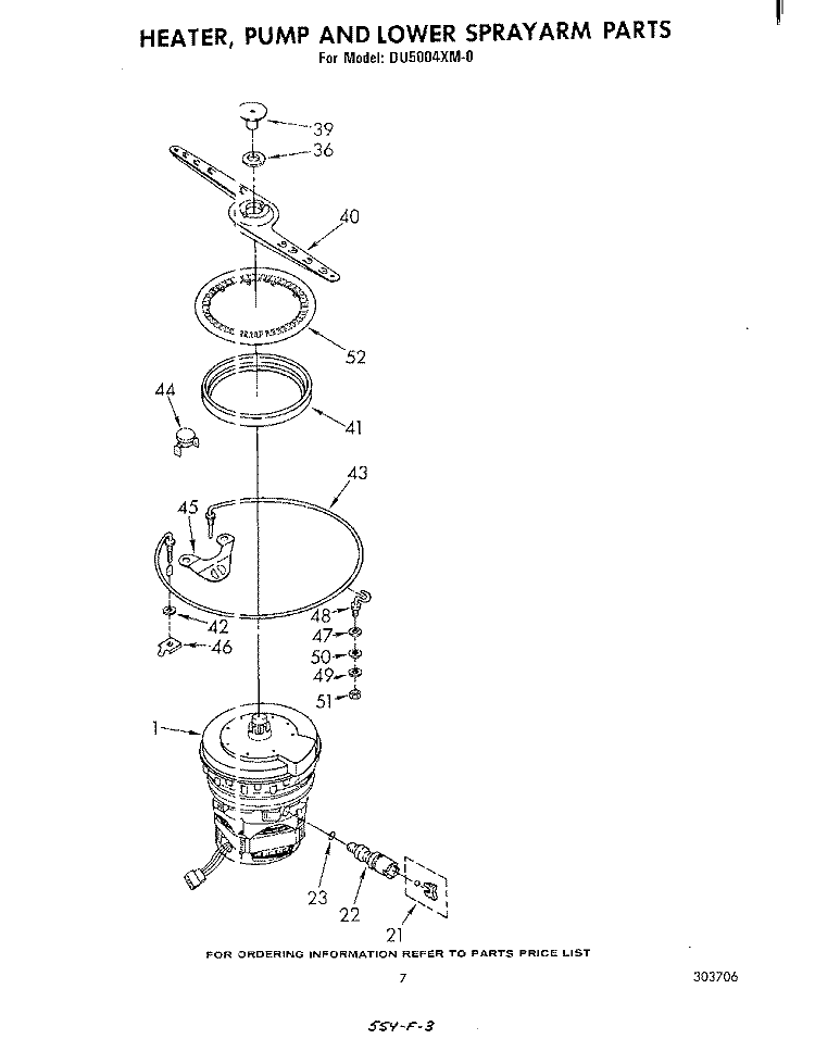 HEATER, PUMP AND LOWER SPRAYARM Diagram and Parts List for DU5004XM0  Whirlpool Dishwasher