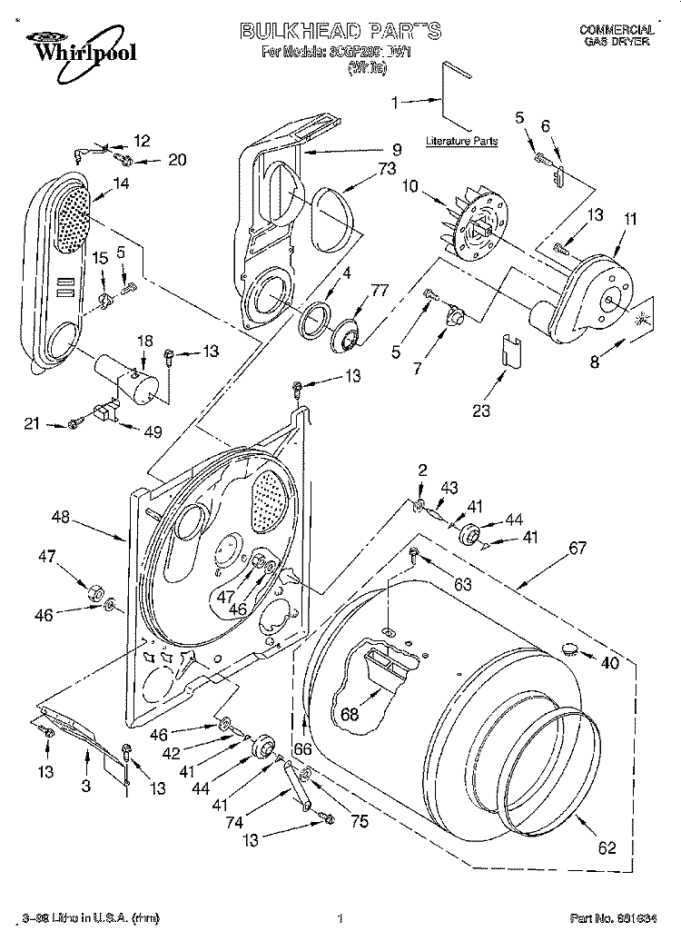 BULKHEAD, LIT/OPTIONAL Diagram and Parts List for 3CGP2951DW1  Whirlpool Dryer