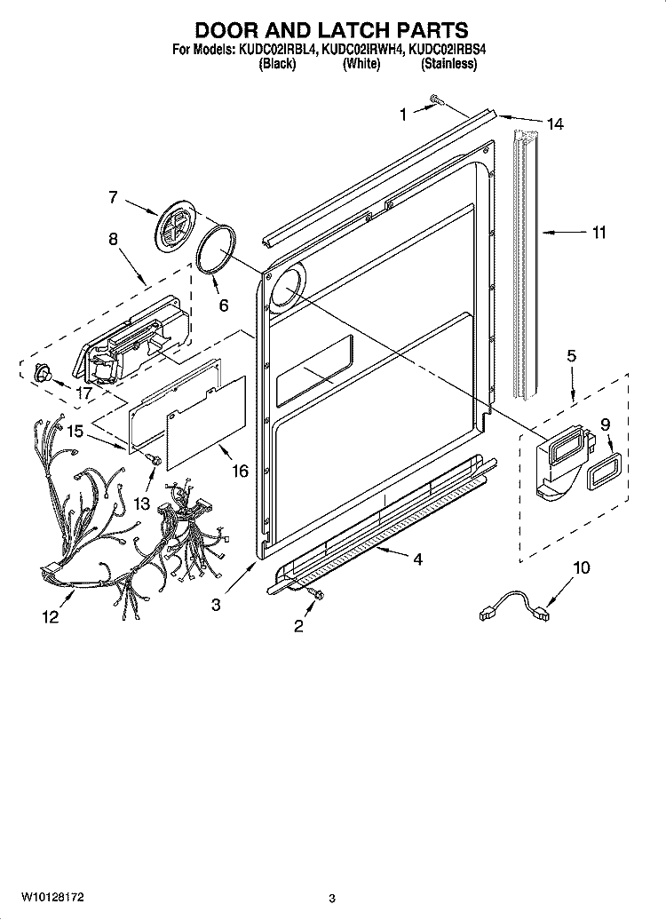 DOOR AND LATCH PARTS Diagram and Parts List for KUDC02IRBL4  KitchenAid Dishwasher