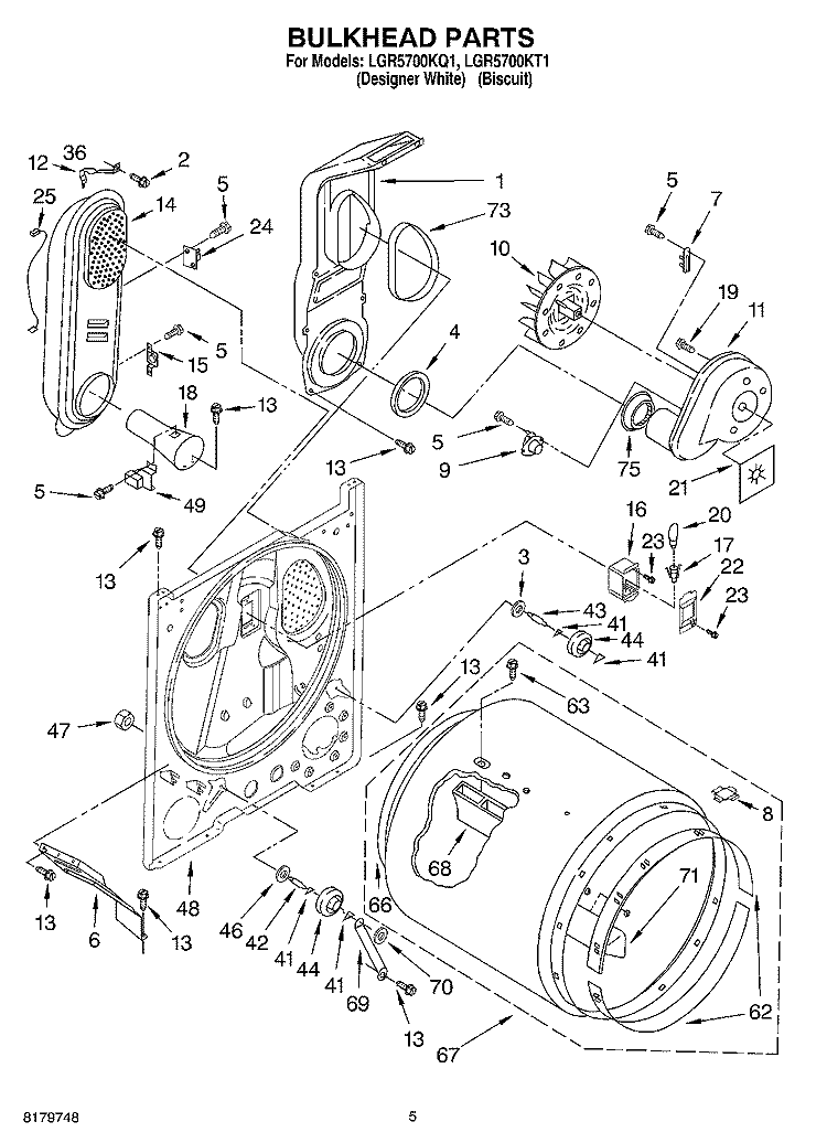 BULKHEAD Diagram and Parts List for LGR5700KT1  Whirlpool Dryer