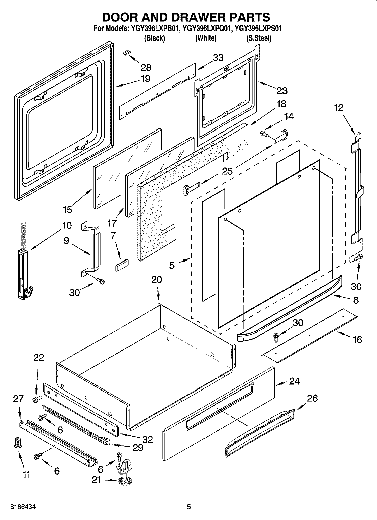 DOOR AND DRAWER PARTS Diagram and Parts List for YGY396LXPQ01  Whirlpool Range