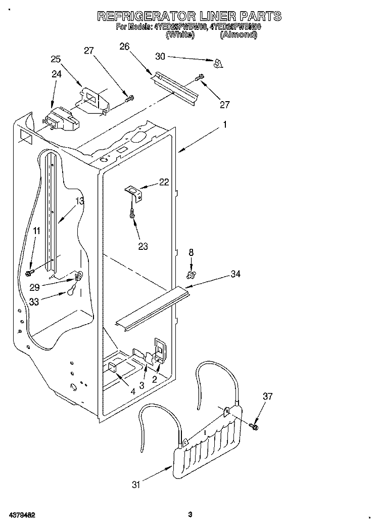 REFRIGERATOR LINER Diagram and Parts List for 4YED25PWBW00  Whirlpool Refrigerator