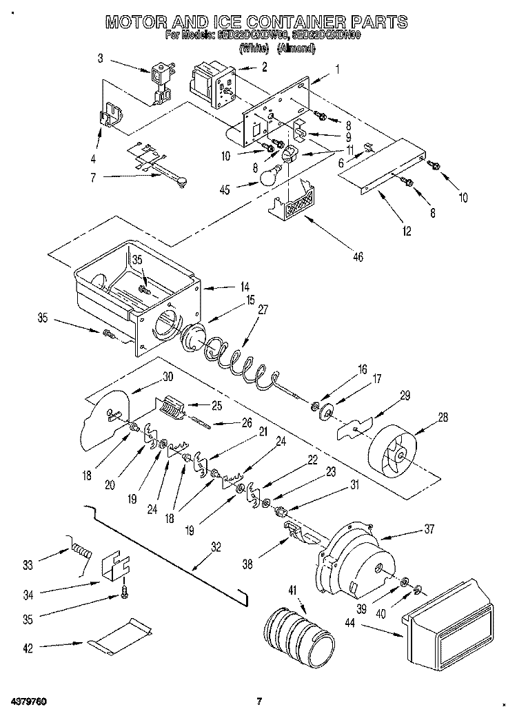 MOTOR AND ICE CONTAINER Diagram and Parts List for 8ED22DQXDW00  Whirlpool Refrigerator