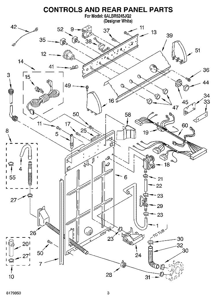CONTROLS AND REAR PANEL PARTS Diagram and Parts List for 6ALBR6245JQ2  Whirlpool Washer