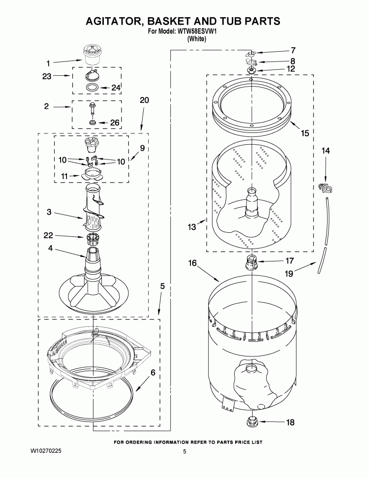 AGITATOR, BASKET AND TUB PARTS Diagram and Parts List for WTW58ESVW1  Whirlpool Washer