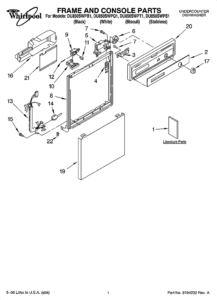 FRAME AND CONSOLE PARTS Diagram and Parts List for DU850SWPQ1  Whirlpool Dishwasher