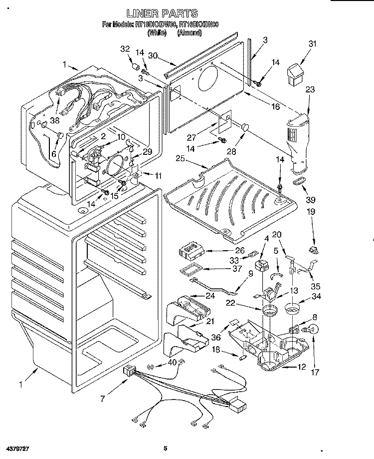 LINER Diagram and Parts List for RT16DKXDW00  Roper Refrigerator
