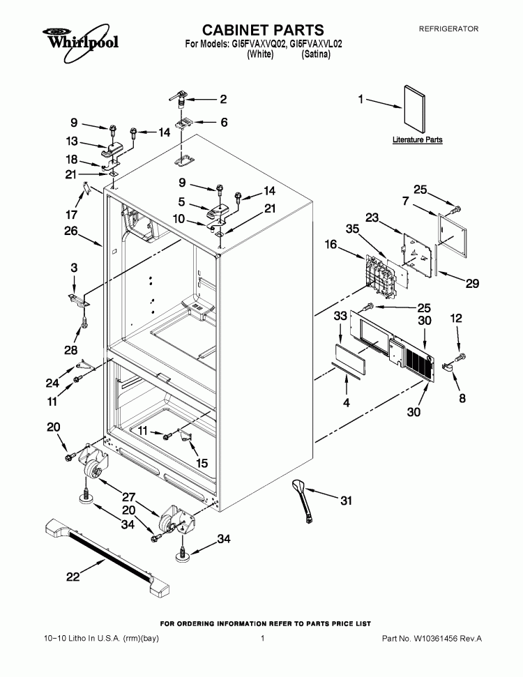 CABINET PARTS Diagram and Parts List for GI5FVAXVL02  Whirlpool Refrigerator
