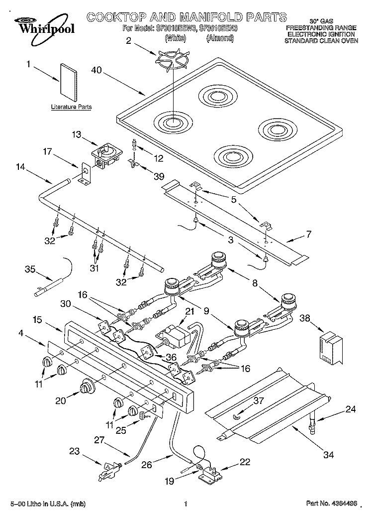 COOKTOP AND MANIFOLD, LITERATURE Diagram and Parts List for SF3010EEW3  Whirlpool Range