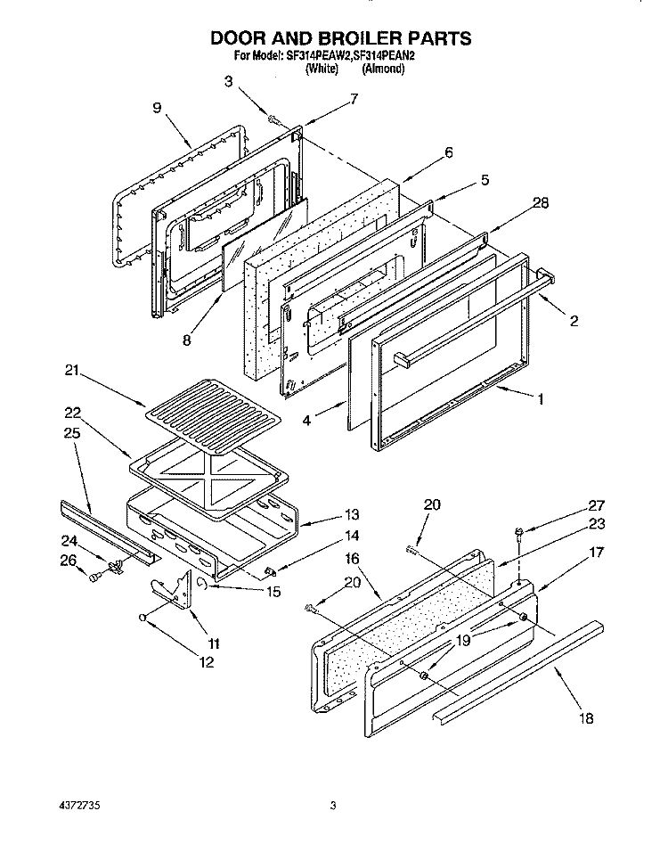 DOOR AND BROILER Diagram and Parts List for SF314PEAW2  Whirlpool Range