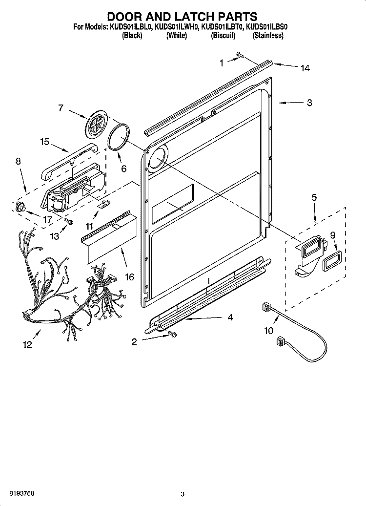 DOOR AND LATCH PARTS Diagram and Parts List for KUDS01ILWH0  KitchenAid Dishwasher