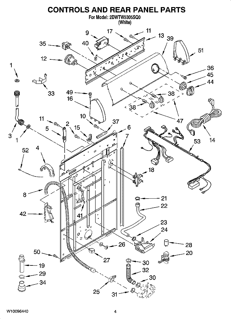 CONTROLS AND REAR PANEL PARTS Diagram and Parts List for 2DWTW5305SQ0  Whirlpool Washer