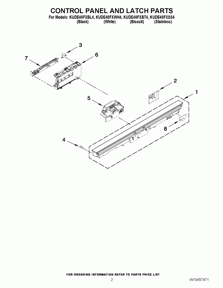 CONTROL PANEL AND LATCH PARTS Diagram and Parts List for KUDE40FXWH4  KitchenAid Dishwasher