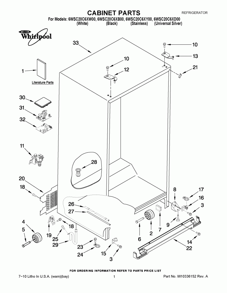 CABINET PARTS Diagram and Parts List for 6WSC20C6XD00  Whirlpool Refrigerator