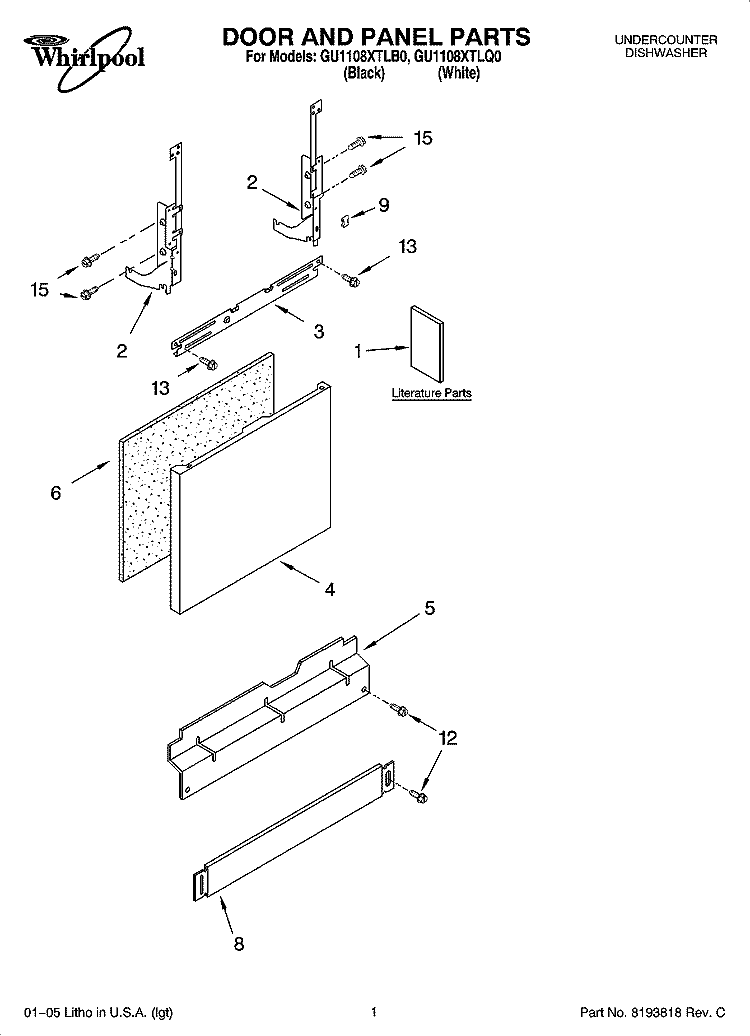 DOOR AND PANEL PARTS Diagram and Parts List for GU1108XTLQ0  Whirlpool Dishwasher