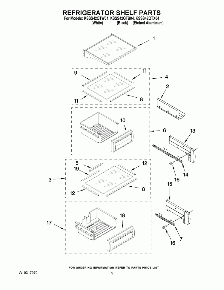REFRIGERATOR SHELF PARTS Diagram and Parts List for KSSS42QTB04  KitchenAid Refrigerator