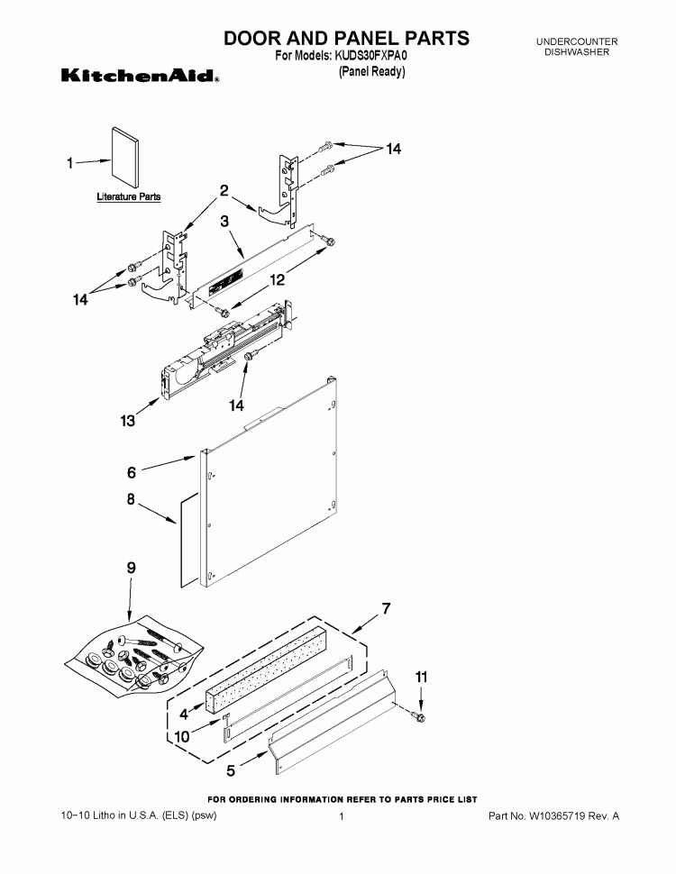 DOOR AND PANEL PARTS Diagram and Parts List for KUDS30FXPA0  KitchenAid Dishwasher
