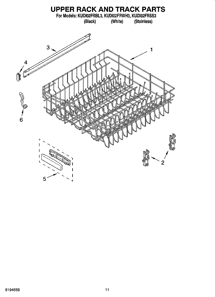 UPPER RACK AND TRACK PARTS Diagram and Parts List for KUDI02FRWH3  KitchenAid Dishwasher