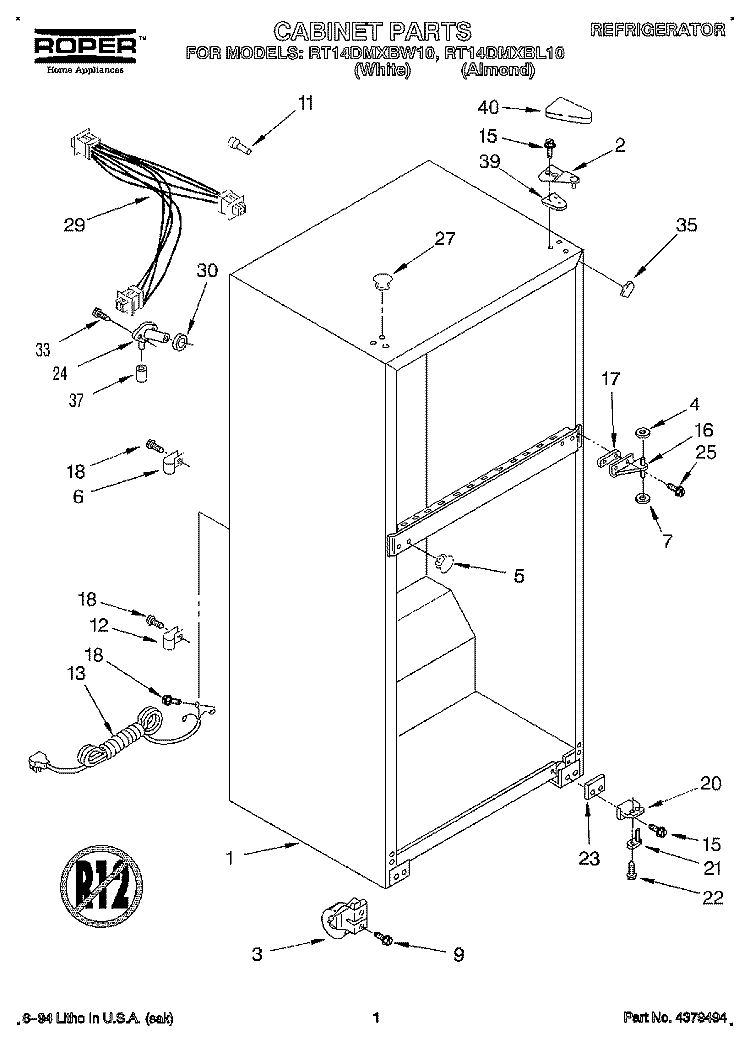 CABINET Diagram and Parts List for RT14DMXBL10  Roper Refrigerator