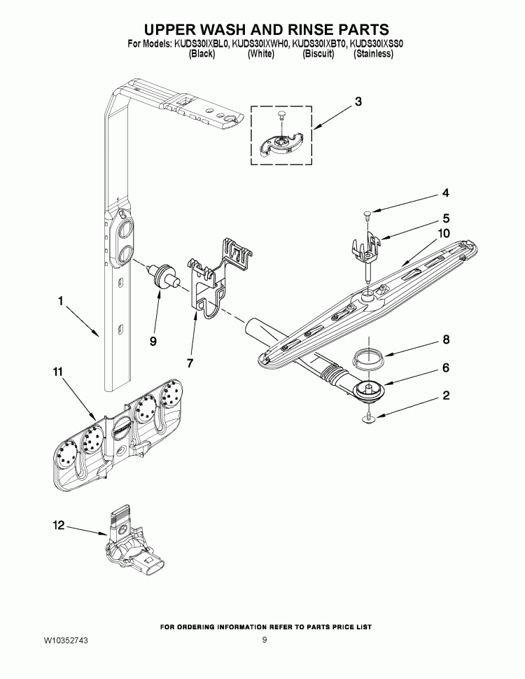 UPPER WASH AND RINSE PARTS Diagram and Parts List for KUDS30IXBL0  KitchenAid Dishwasher