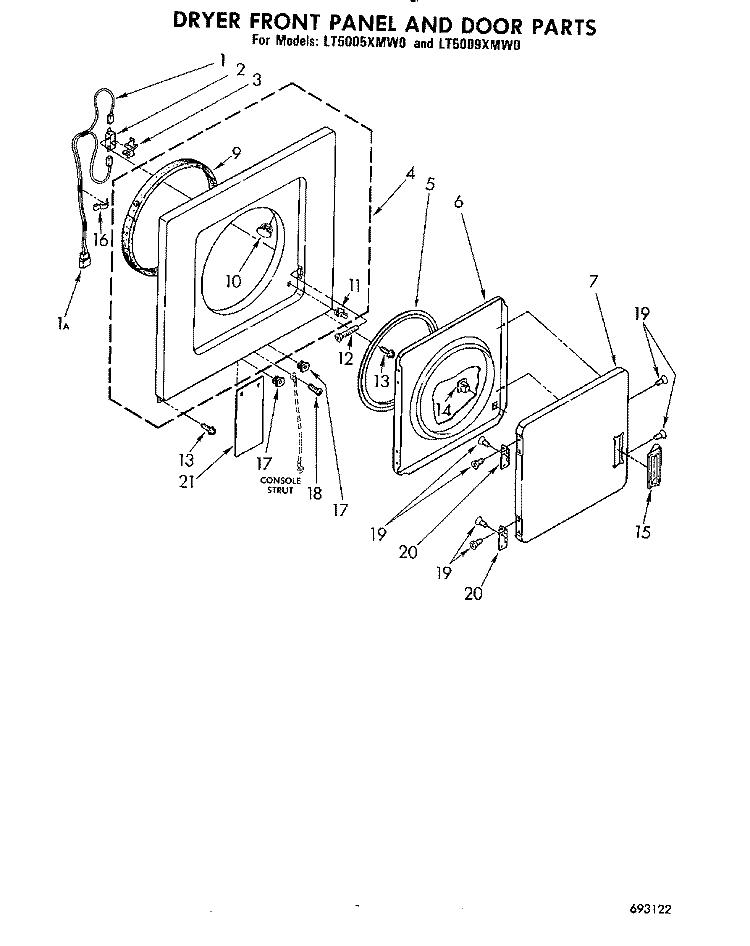 DRYER FRONT PANEL AND DOOR Diagram and Parts List for LT5005XMW0  Whirlpool Washer Dryer Combo