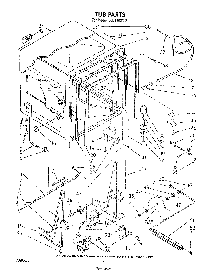 TUB , LITERATURE AND OPTIONAL Diagram and Parts List for DU8116XT2  Whirlpool Dishwasher