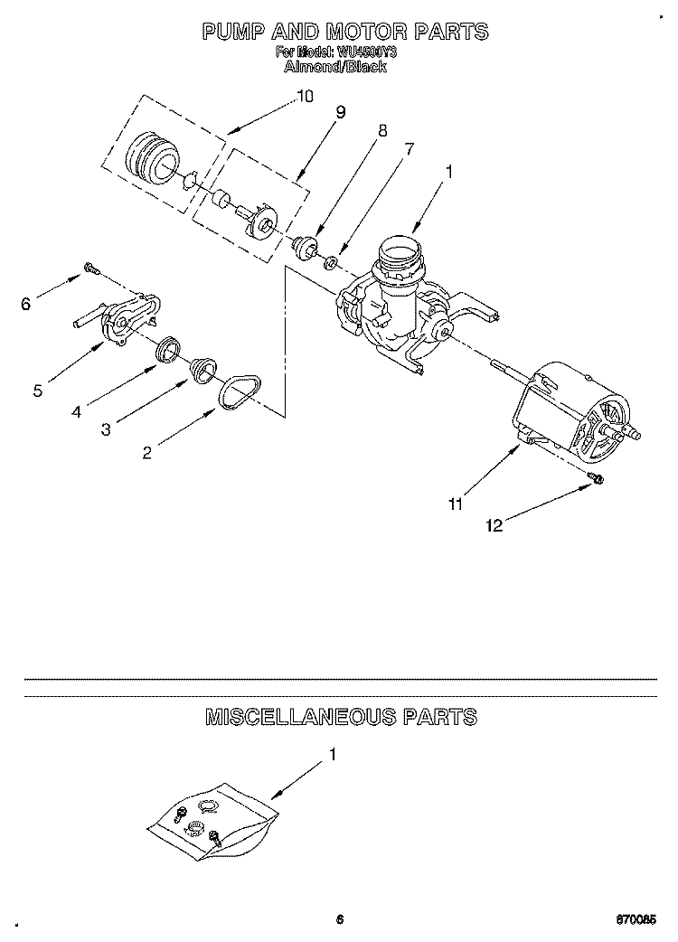 PUMP AND MOTOR, MISCELLANEOUS Diagram and Parts List for WU4500Y3  Roper Dishwasher