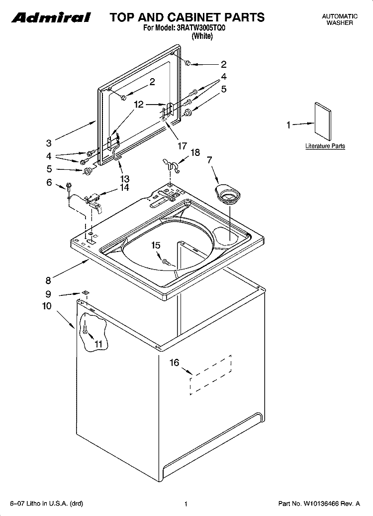 TOP AND CABINET PARTS Diagram and Parts List for 3RATW3005TQ0  Whirlpool Washer